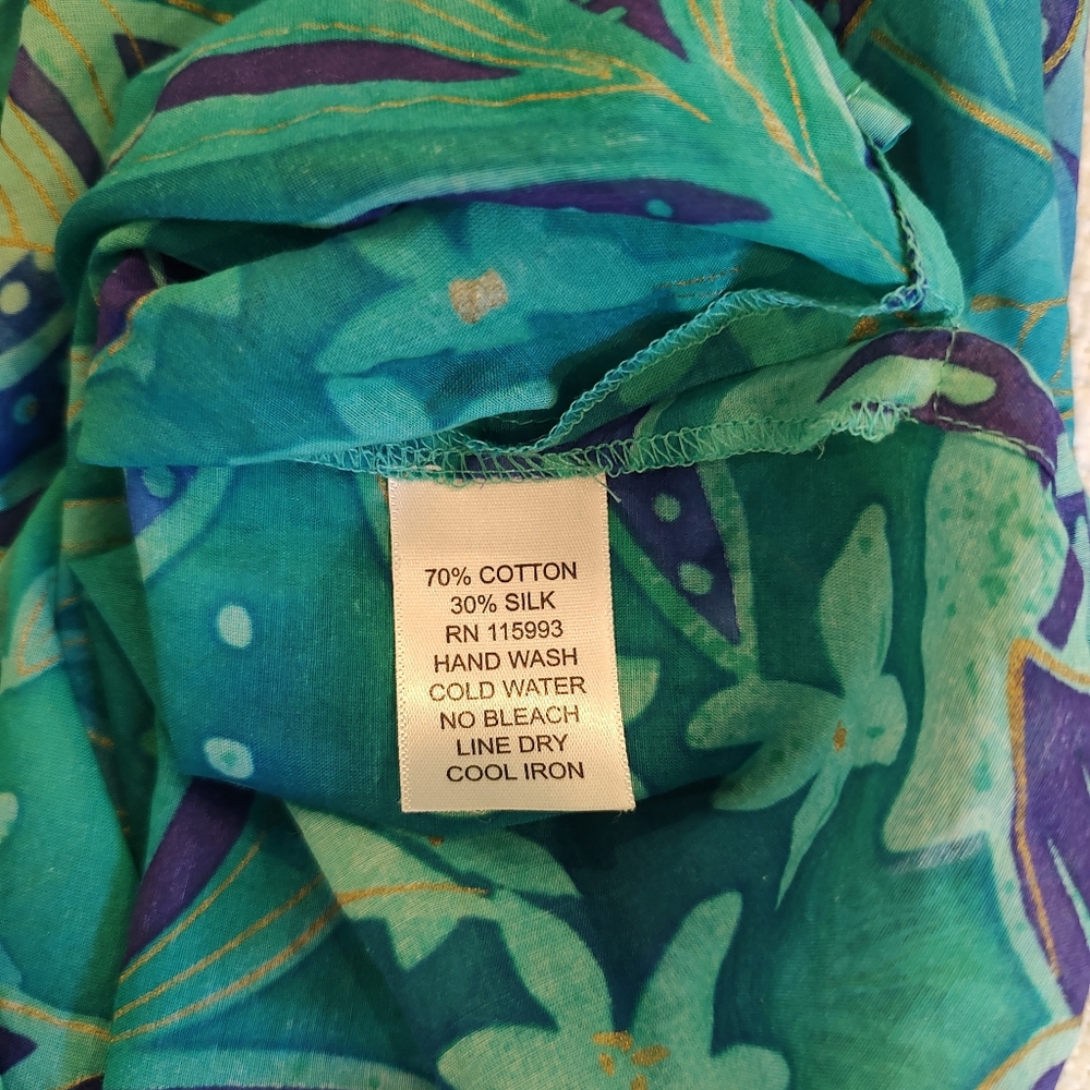 Boo Gems Tunic Top Green Purple Gold Floral Cotton Silk V-Neck Size L - Picture 12 of 12